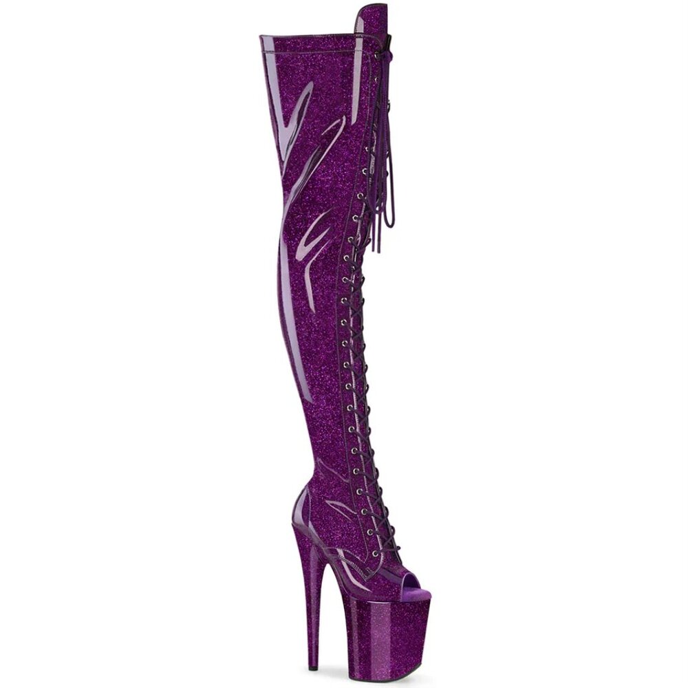 Purple Pleaser Thigh High Sparkly Boots - Lace Up Open Toe Flamingo Size 9 Heels